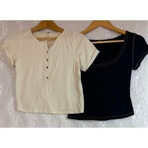 Free People Lot of 2 Short Sleeve Crop Tops Cream Henley / Black Scoop XS / S